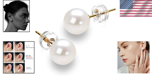 Beautiful 14K Gold Pearl Stud Earrings - Top Quality 8.5-9mm for Women's Style