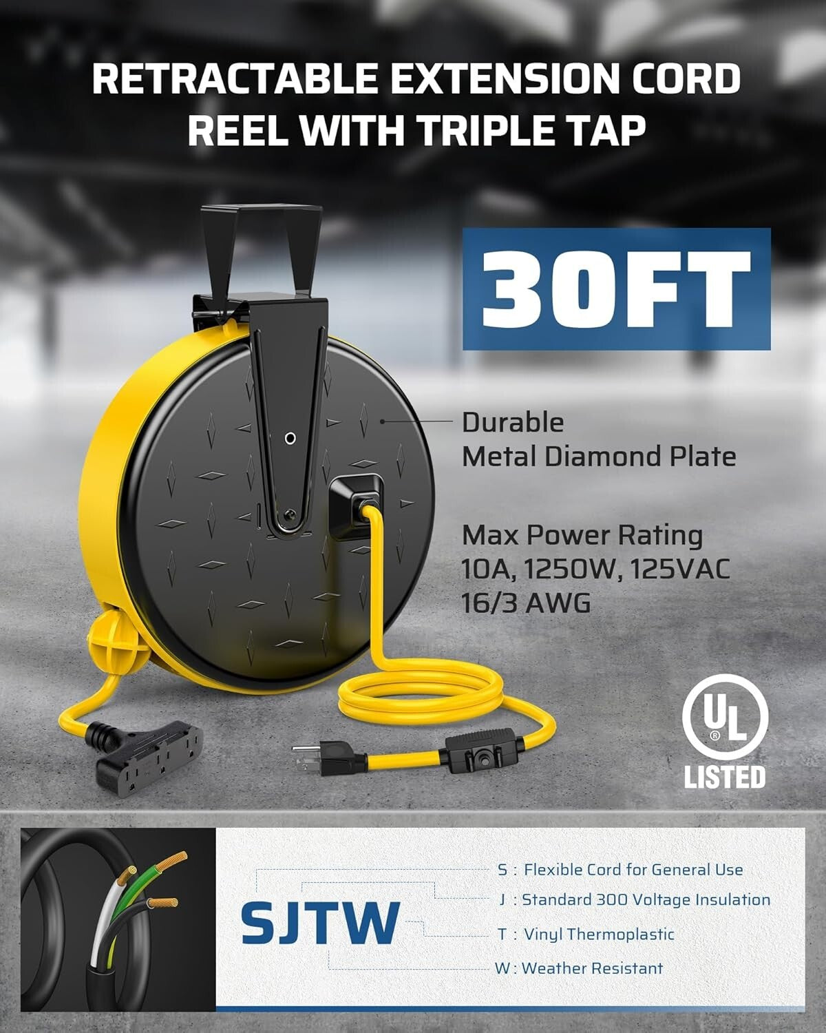 30 Ft Retractable Extension Cord Reel with 3 Outlets for Ultimate Power Access