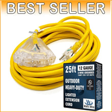 Load image into Gallery viewer, Flexible 25 ft SJTW Extension Cord - 12 Gauge, 3 Outlets, Perfect for Appliances