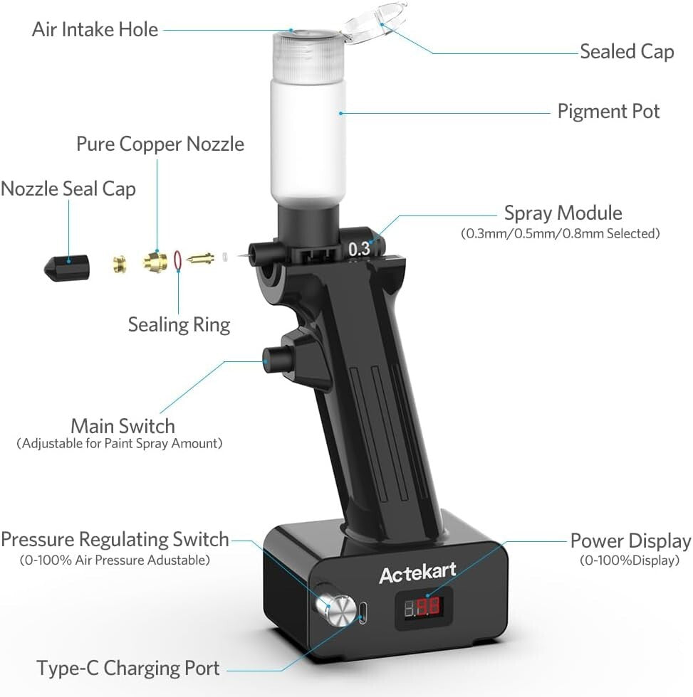 Adjustable Air Pressure Cordless Airbrush - 4 Modular Tips for Versatile Use