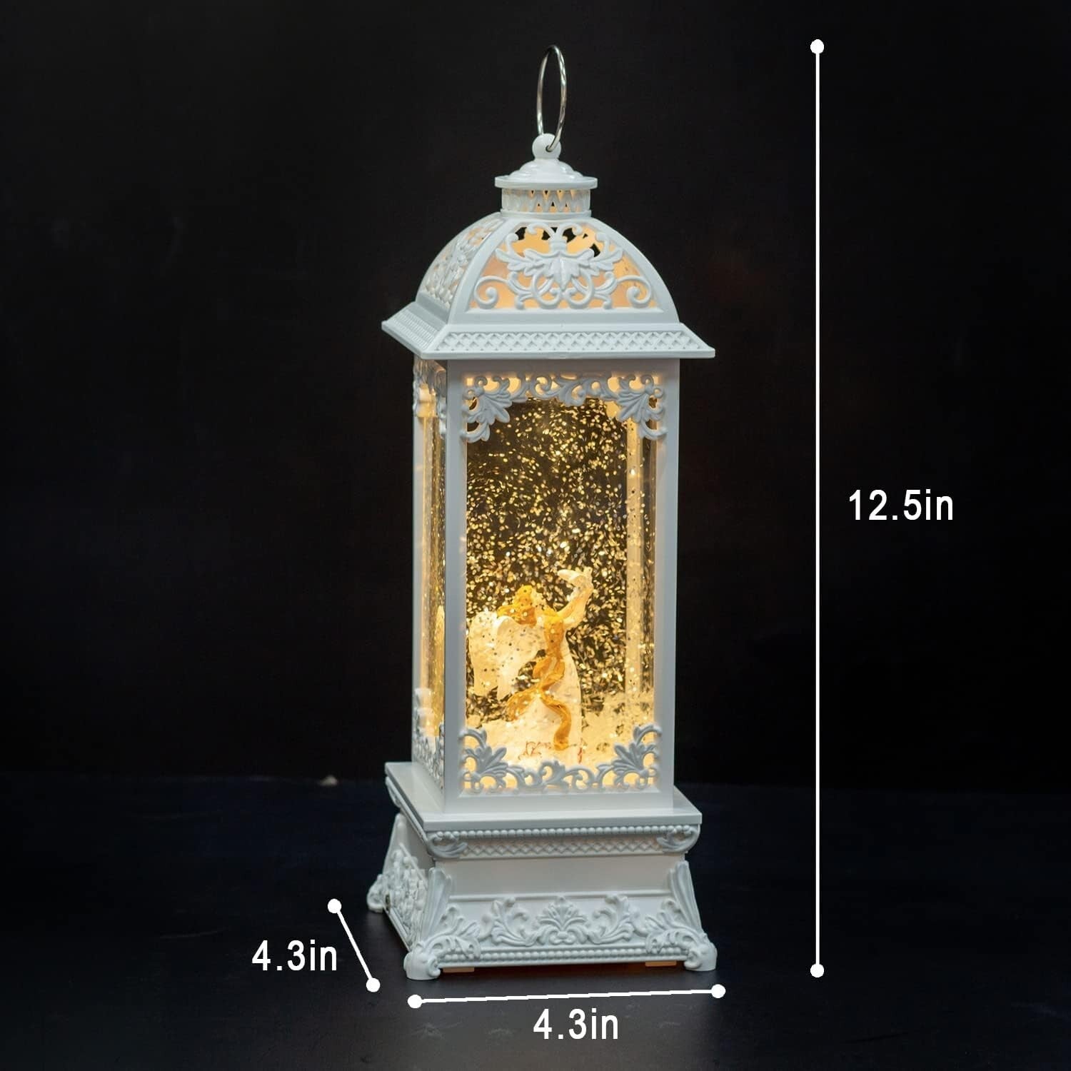 12” White Angel Lantern with Glitter & Music - USB/Battery Operated Night Light