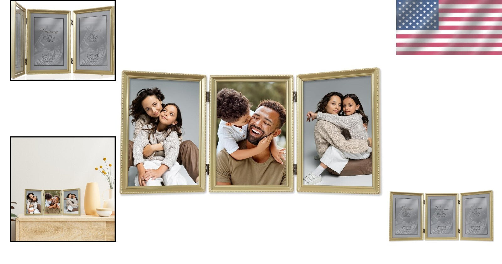 Elegant 5x7 Triple Photo Frame in Antique Satin Gold with Beaded Border