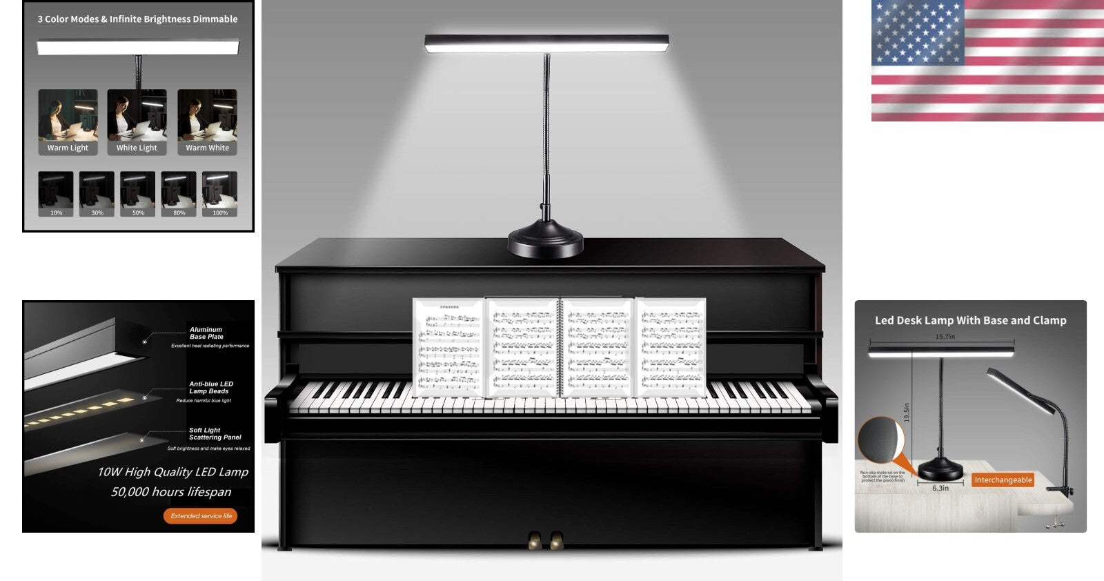 Adjustable LED Piano Light with 3 Modes & Flexible Arm for Grand/Upright Pianos