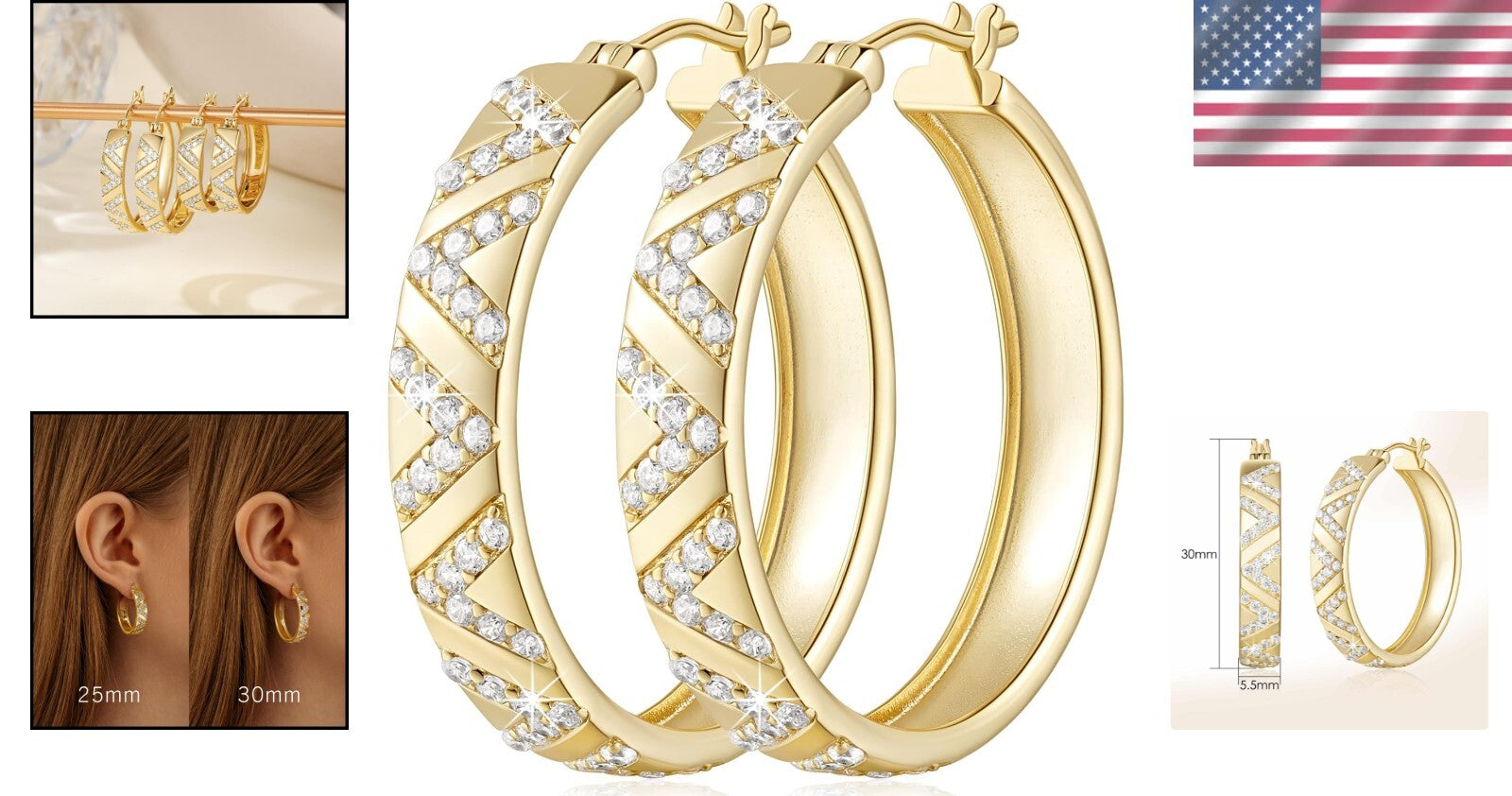 25mm Thick 14K Gold Hoop Earrings with V-Cut and Diamond Sparkle for Women