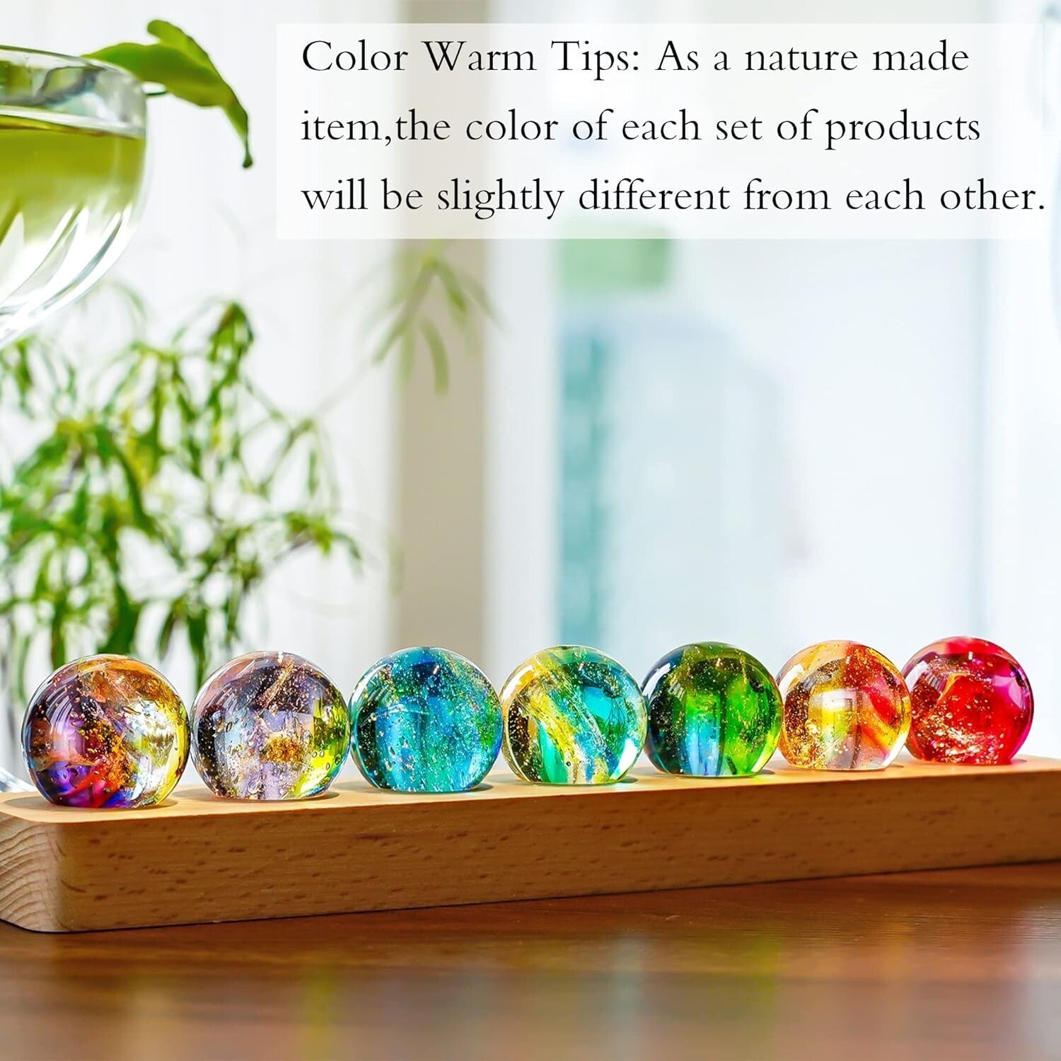 Multicolor 7 Chakra Crystal Spheres on Wooden LED Base - Perfect Gift Set