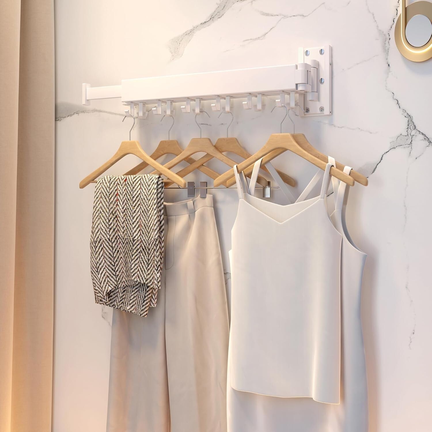 Sturdy Retractable Clothes Drying Rack for Wall - 220lb Capacity, White Aluminum