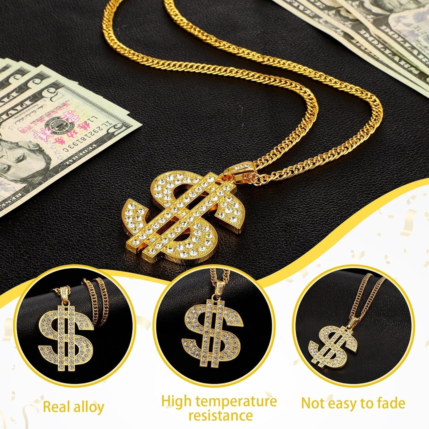 Exquisite Gold Dollar Sign Hip Hop Necklace for Casual and Costume Wear