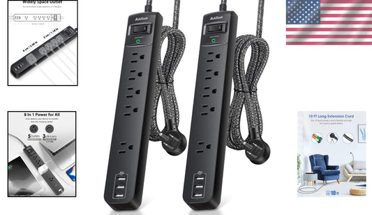 10Ft Surge Protector Power Strip with 5 Outlets & 3 USB Ports for Home & Office