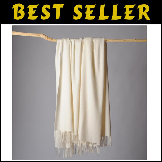 Elegant Lightweight Cashmere Blend Throw Blanket - Soft Ivory with Fringe Detail