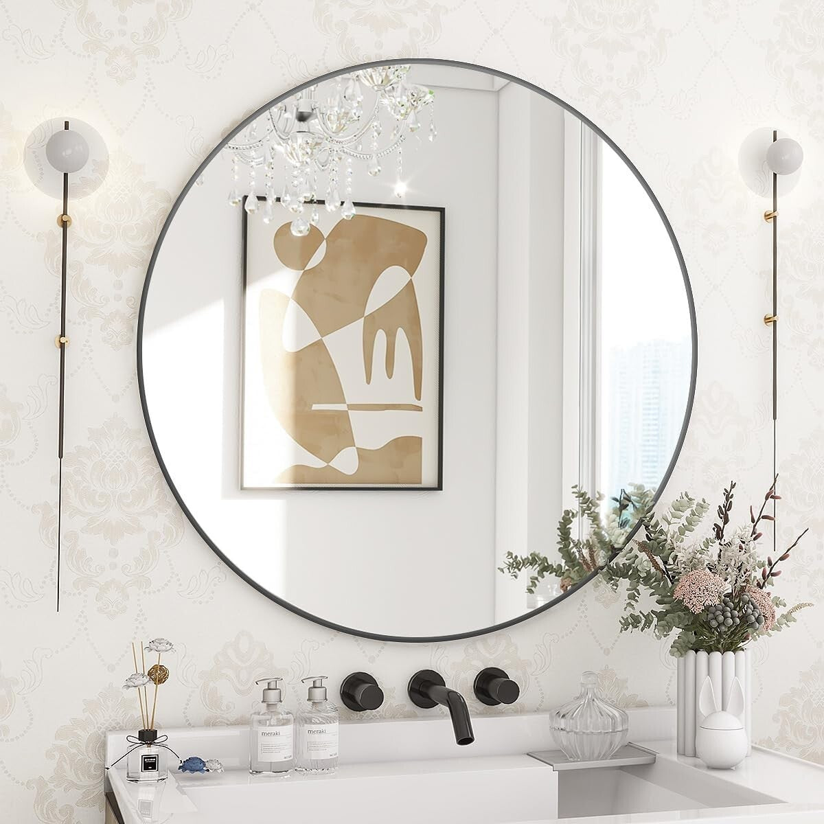 Elegant 24 Inch Round Mirror with Black Metal Frame for Modern Home Decor