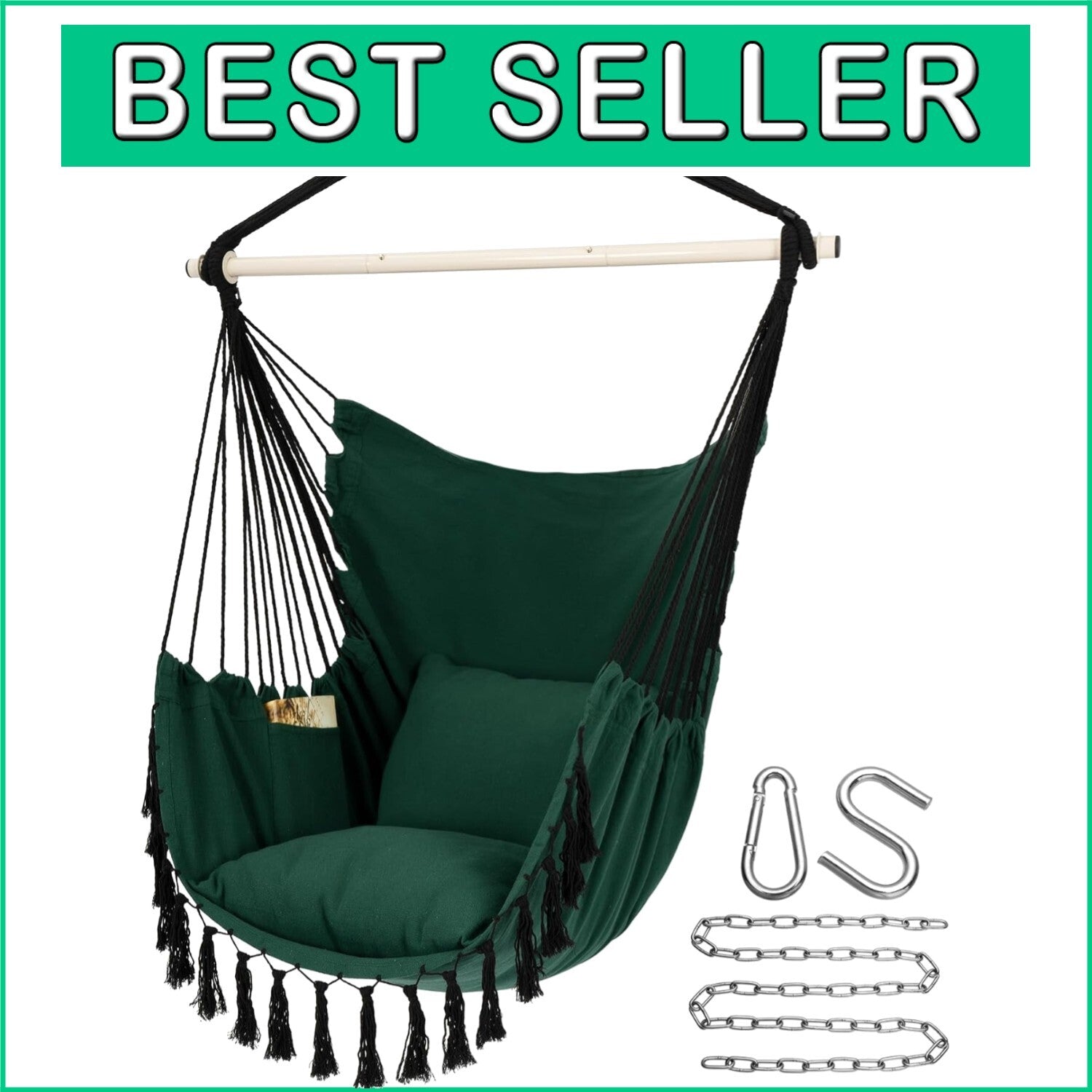 Comfortable Macrame Hanging Chair with Cushions & Side Pocket - Up to 500 lbs