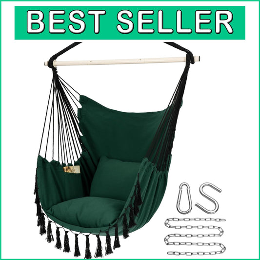 Comfortable Macrame Hanging Chair with Cushions & Side Pocket - Up to 500 lbs