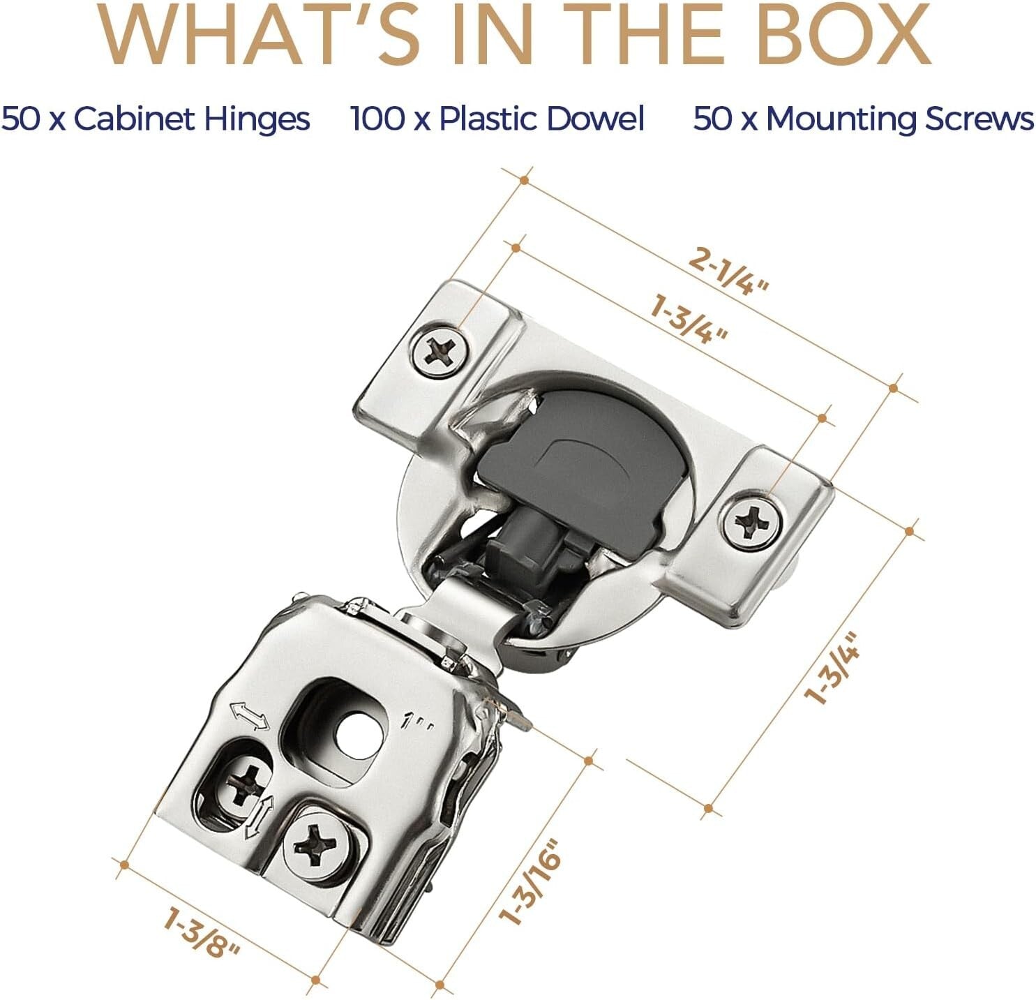 50 Pack Soft Close Hinges | 1 Inch Overlay Satin Nickel for Kitchen Cabinets