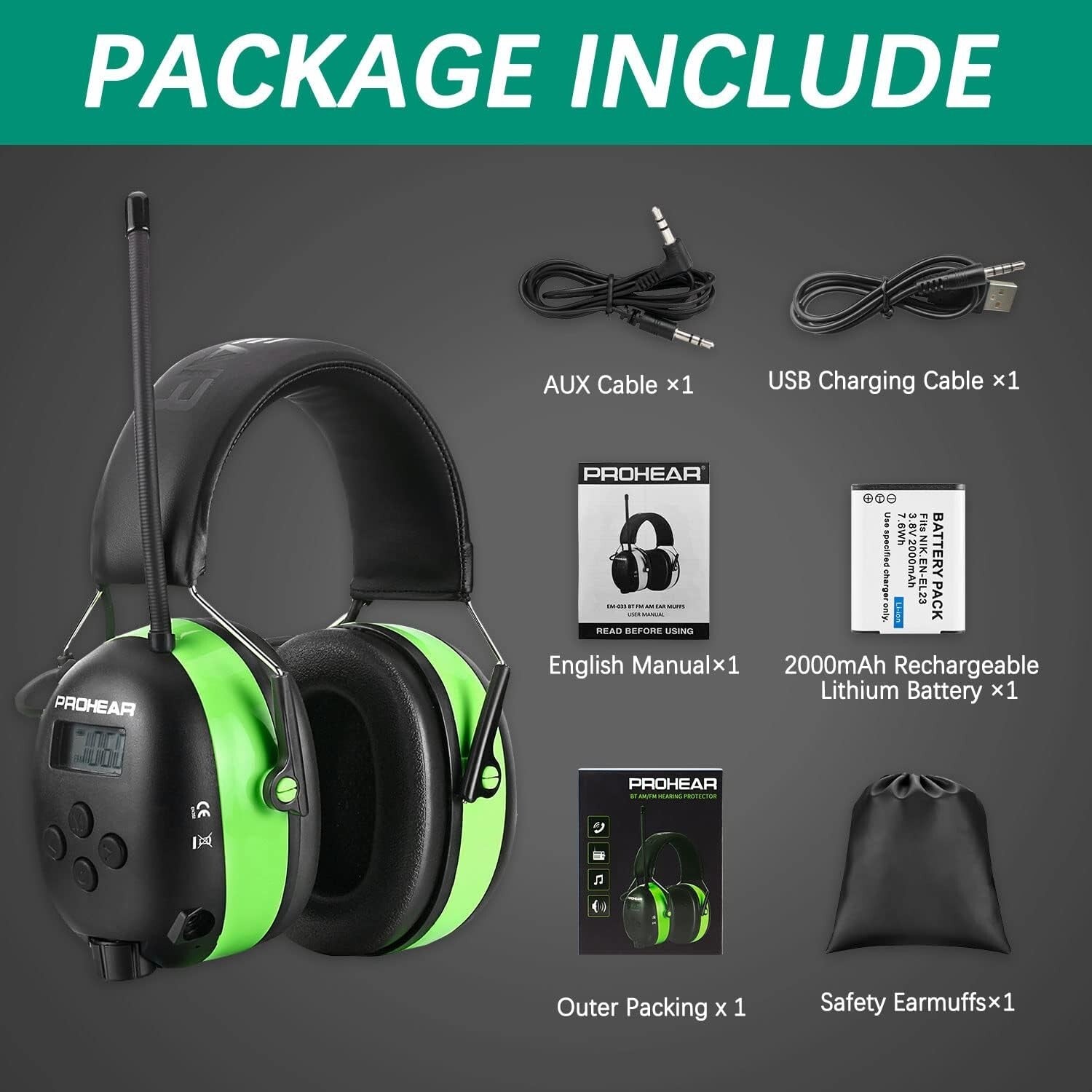 Premium 5.3 Bluetooth Earmuffs with AM/FM Radio & Rechargeable Battery - Green