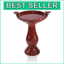 Load image into Gallery viewer, 25" Tall Red Antique Ceramic Birdbath with 2 Bird Figurines – Outdoor Elegance