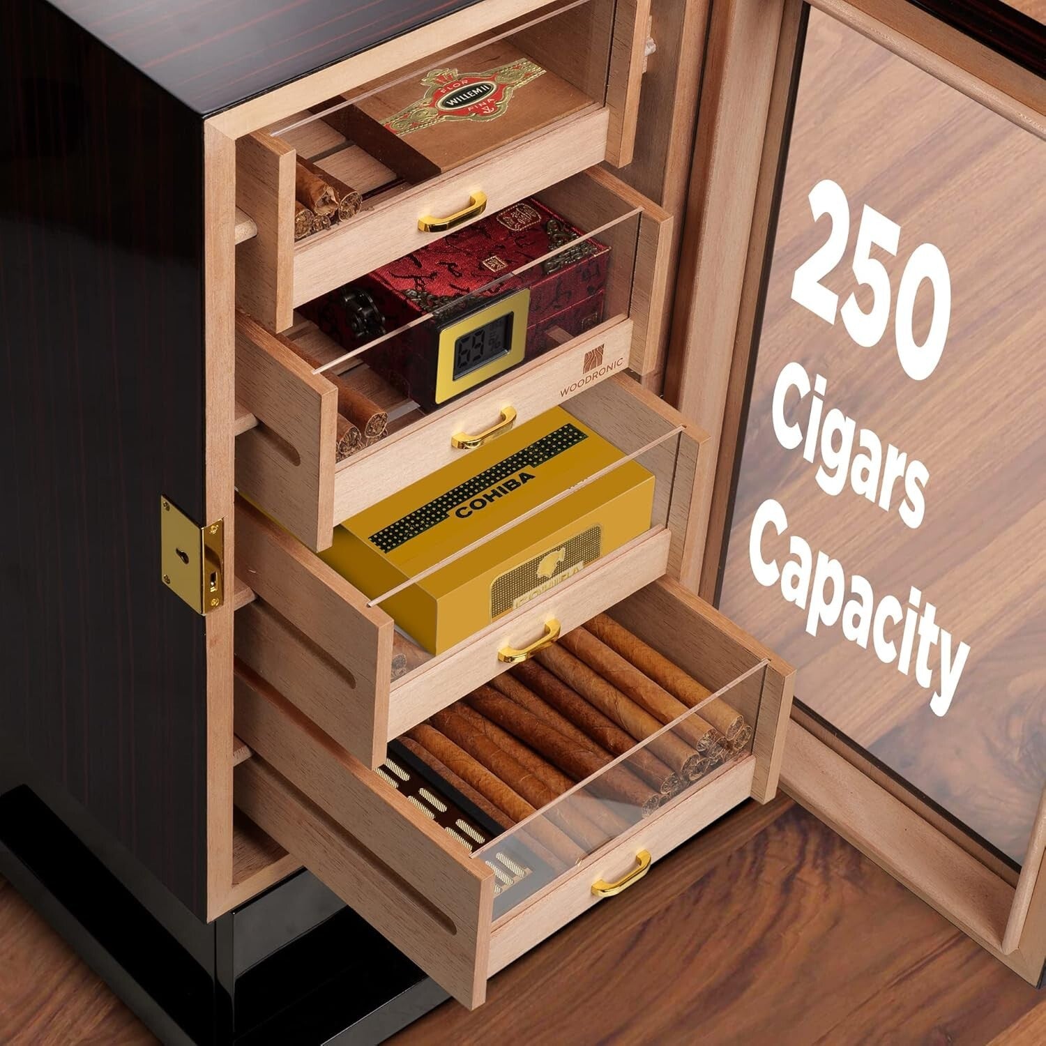 Premium 250-Cigar Capacity Humidor with Crystal Humidifiers & Digital Hygrometer