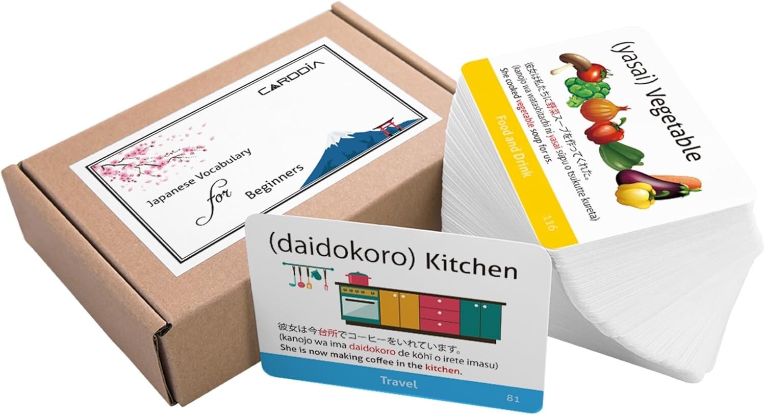 Comprehensive Japanese Flash Cards - 218 Essential Words with Images & Sentences