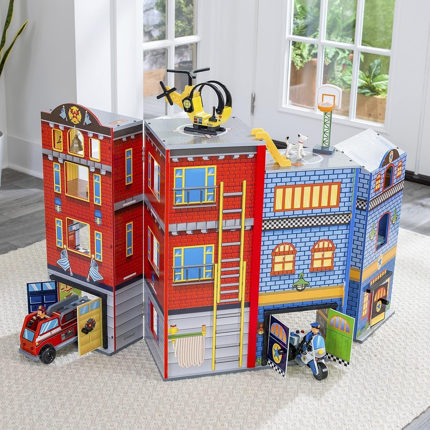 Everyday Heroes 3-Level Wooden Playset with Foldable Design & Firefighter's Pole