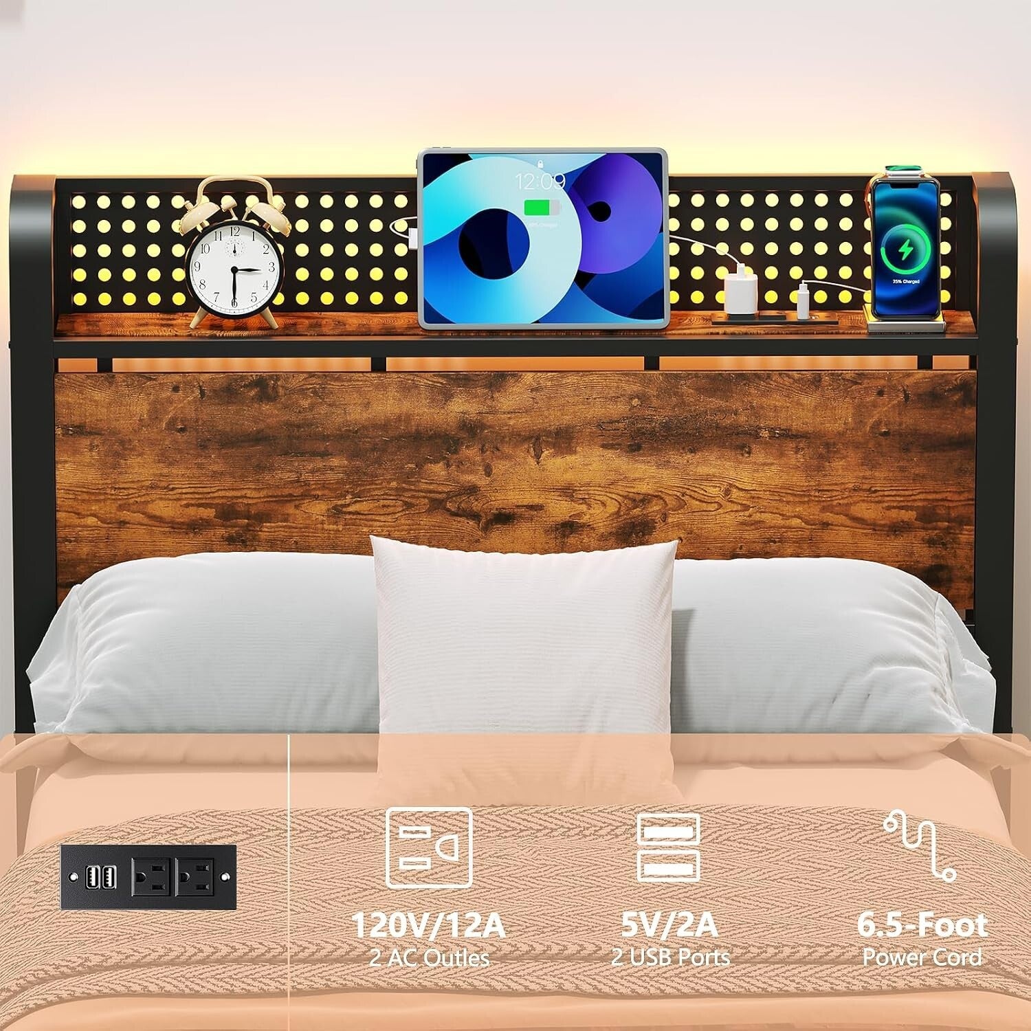 Functional Twin Bed Frame with LED Lights, Wood Headboard & Under-Bed Storage