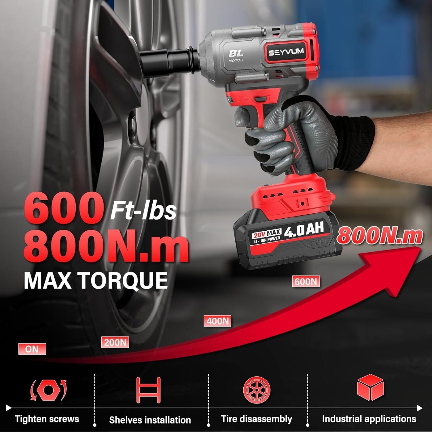 2 x 4.0Ah Battery Cordless Impact Wrench - 1/2” 800N.m Torque and Fast Charger