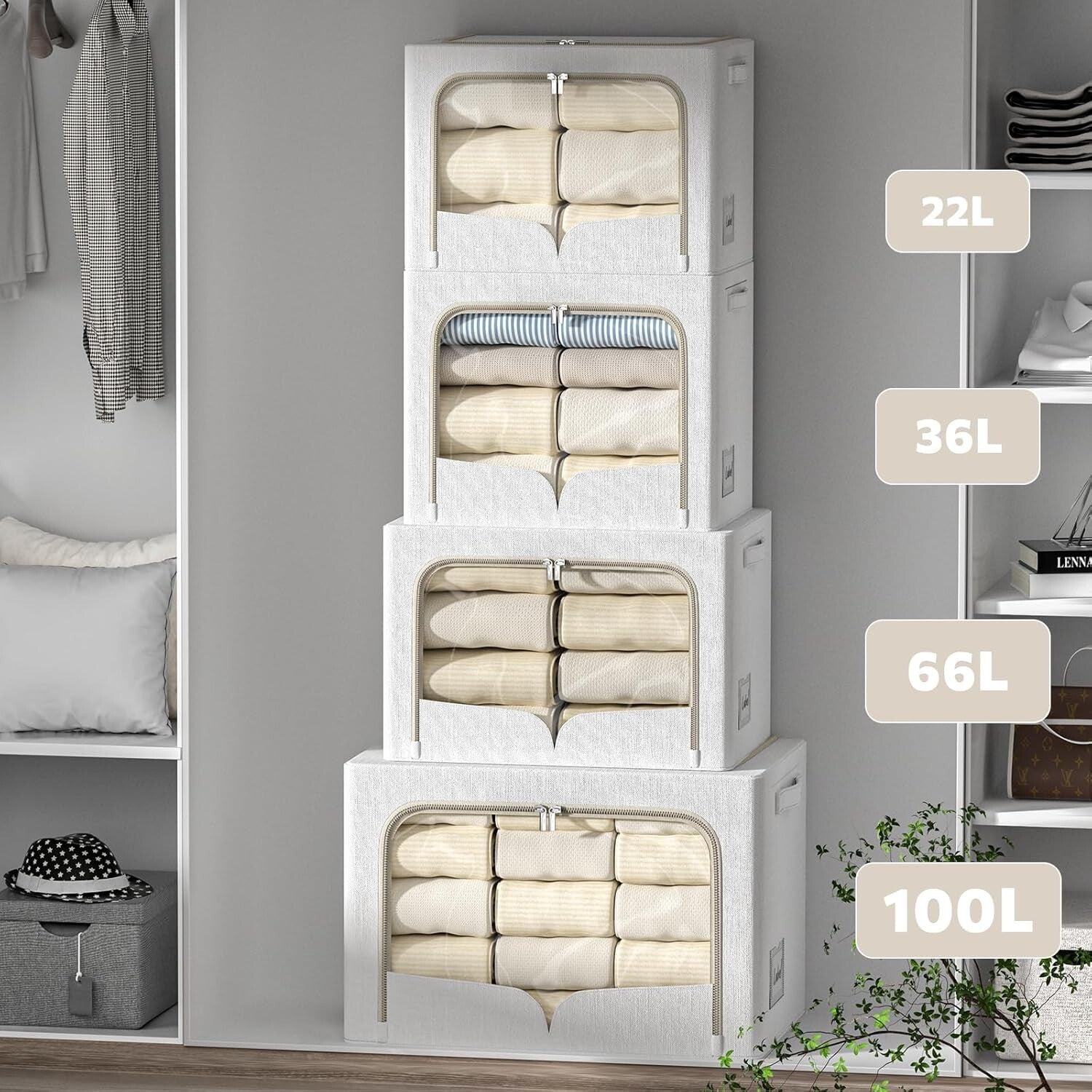 3-Pack Cream White Foldable Stackable Linen Storage Boxes with Clear Window