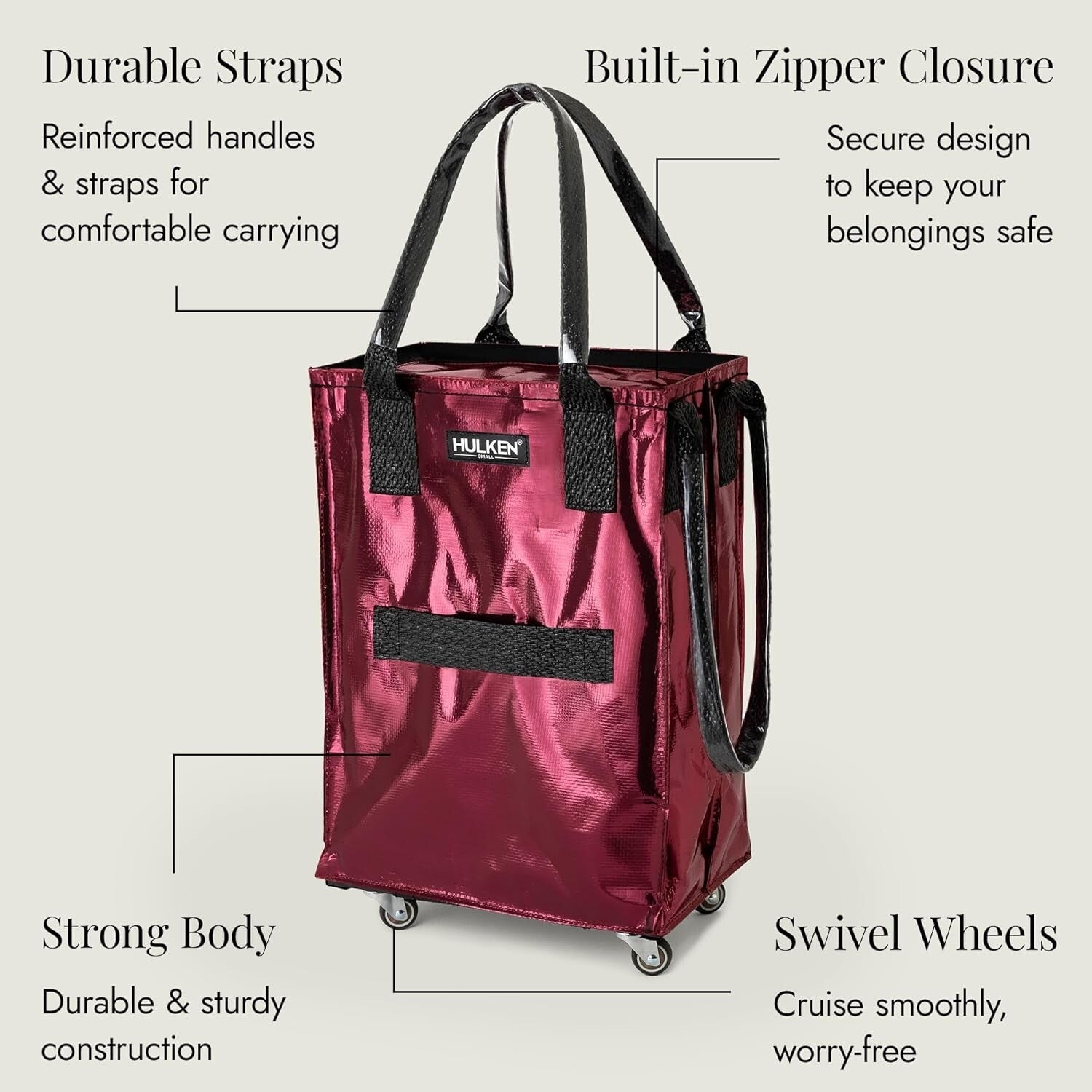 Effortless Cosmic Red Grocery Bag with Swivel Wheels - Folds Flat for Storage