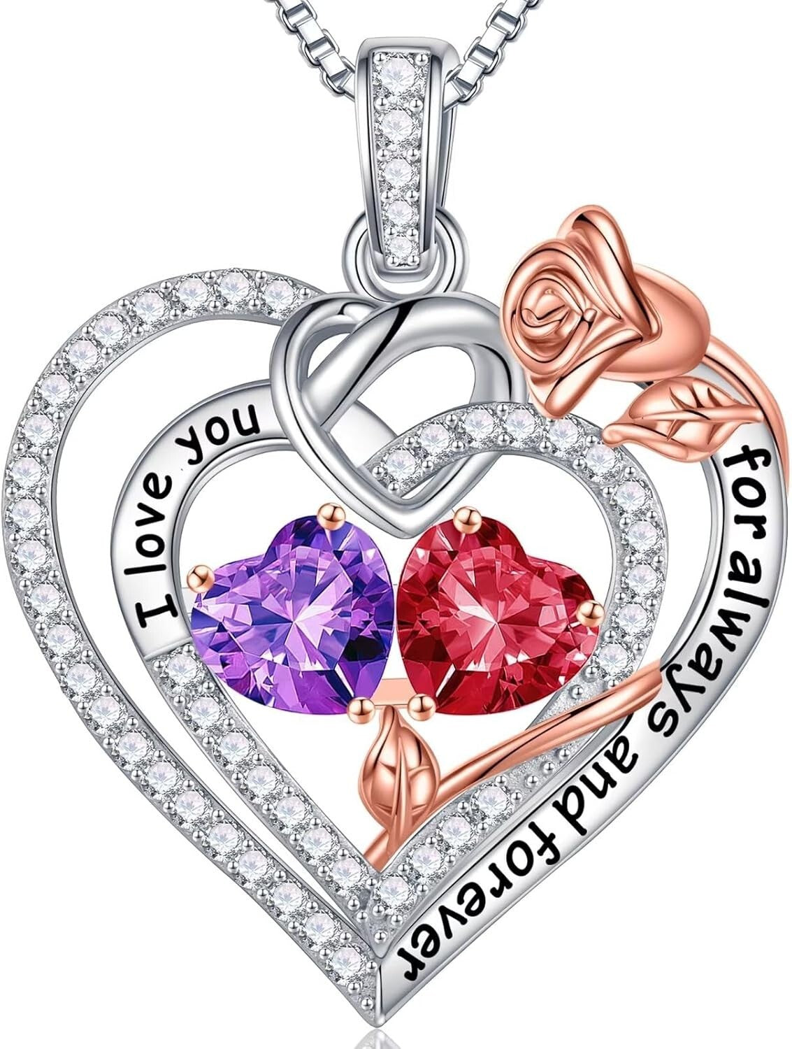 Forever Love Heart Necklace - 925 Silver Double Birthstone Jewelry Gift for Her