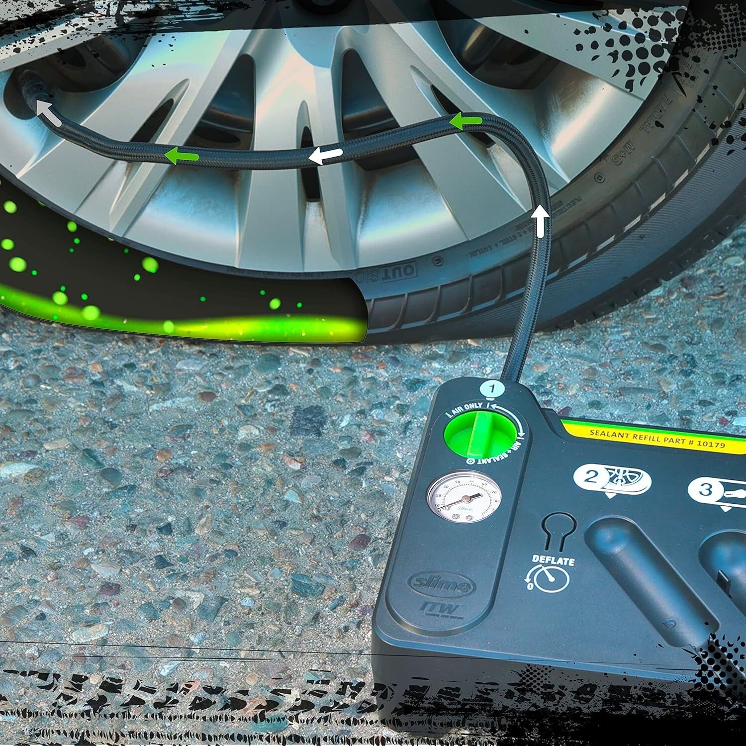 Emergency Flat Tire Repair Kit: Analog Inflator & Sealant for Quick Fixes