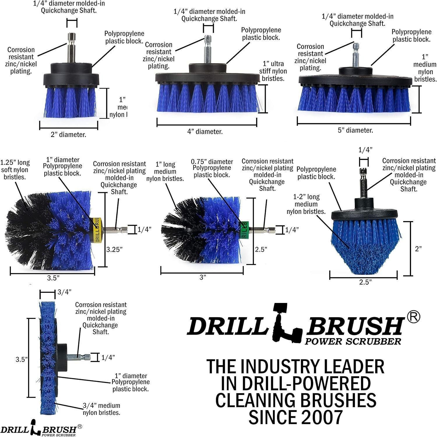Professional 21-Piece Drill Brush Set with Blue Bristles for Pool and Boat Care