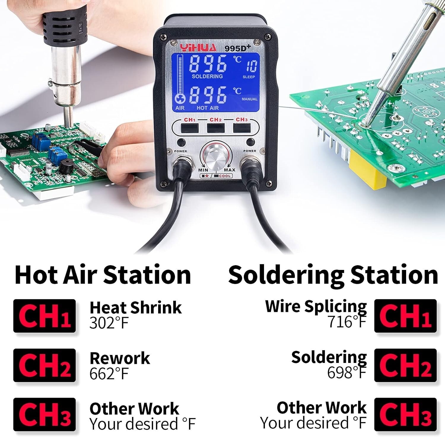 Versatile 995D+ Hot Air Gun & Soldering Iron Station with Programmable Features