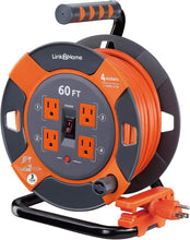 Load image into Gallery viewer, Heavy Duty 60 ft Extension Cord Reel with 4 Outlets &amp; Circuit Breaker Protection