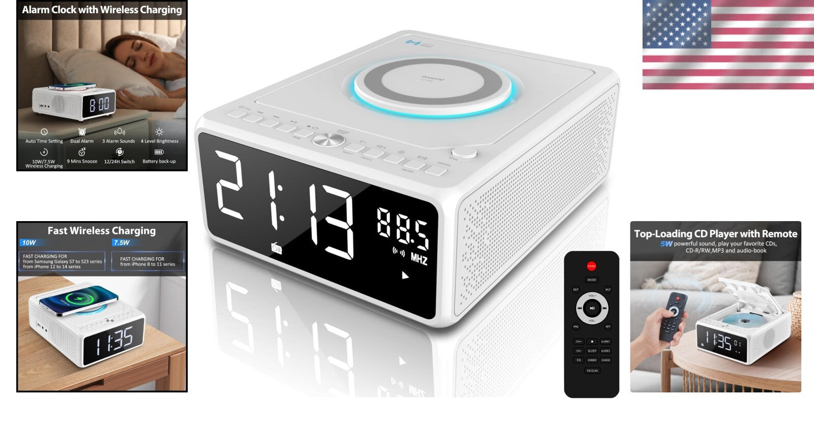 Dual Alarm CD Player Clock with FM Radio & 10W Fast Wireless Charging