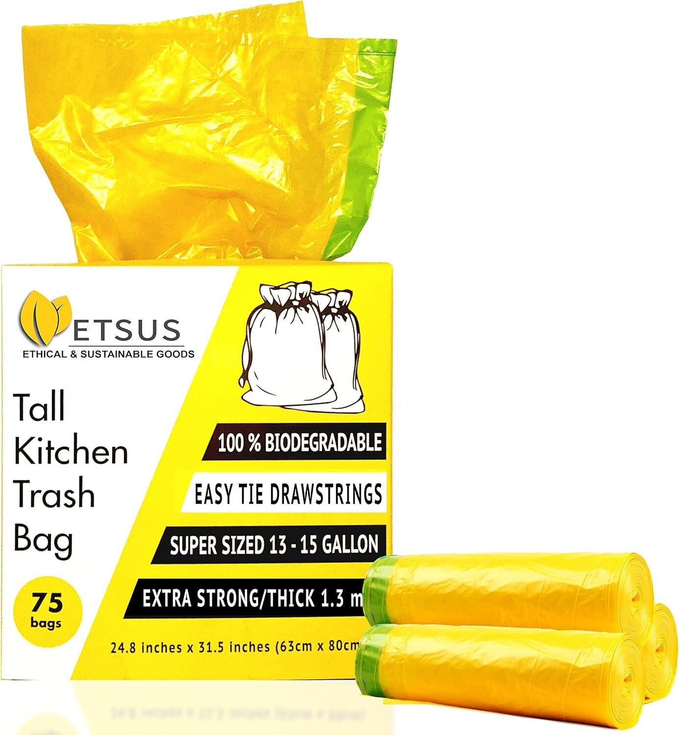 Durable 13 Gallon Plant-Based Drawstring Trash Bags - 75 Count Eco-Friendly Pack