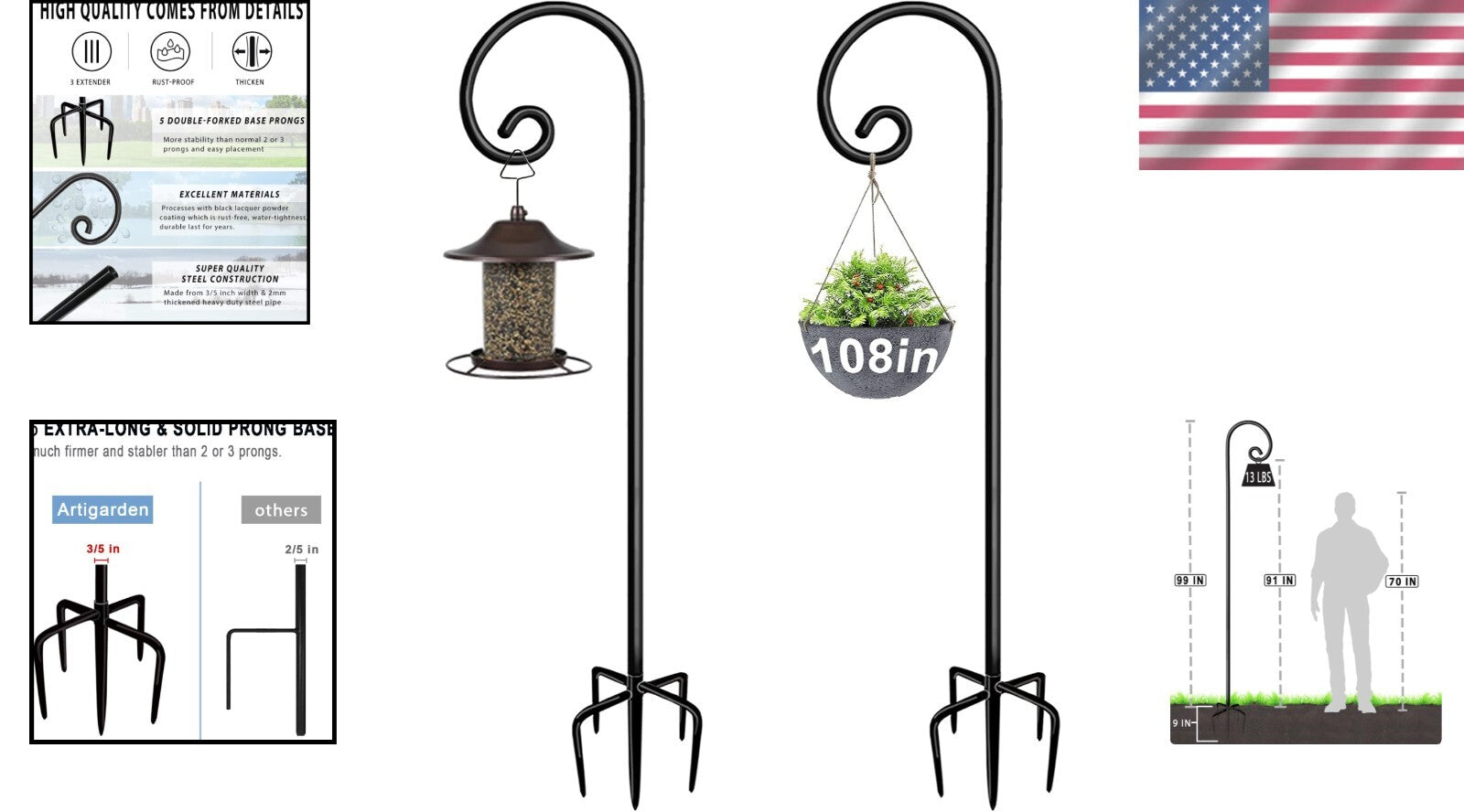 Elegant Black Outdoor Shepherd Hooks - Adjustable 5-Prong Garden Poles for Decor