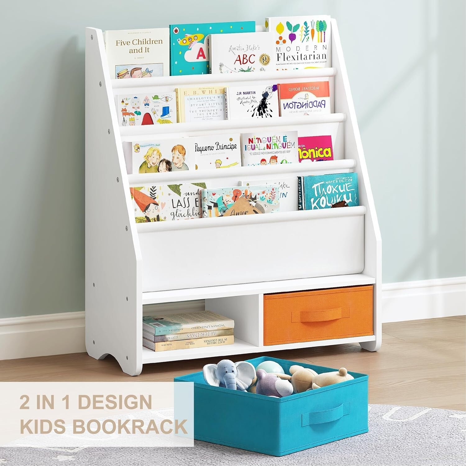 Montessori-Style Kids Bookshelf with 2 Removable Bins for Easy Accessibility