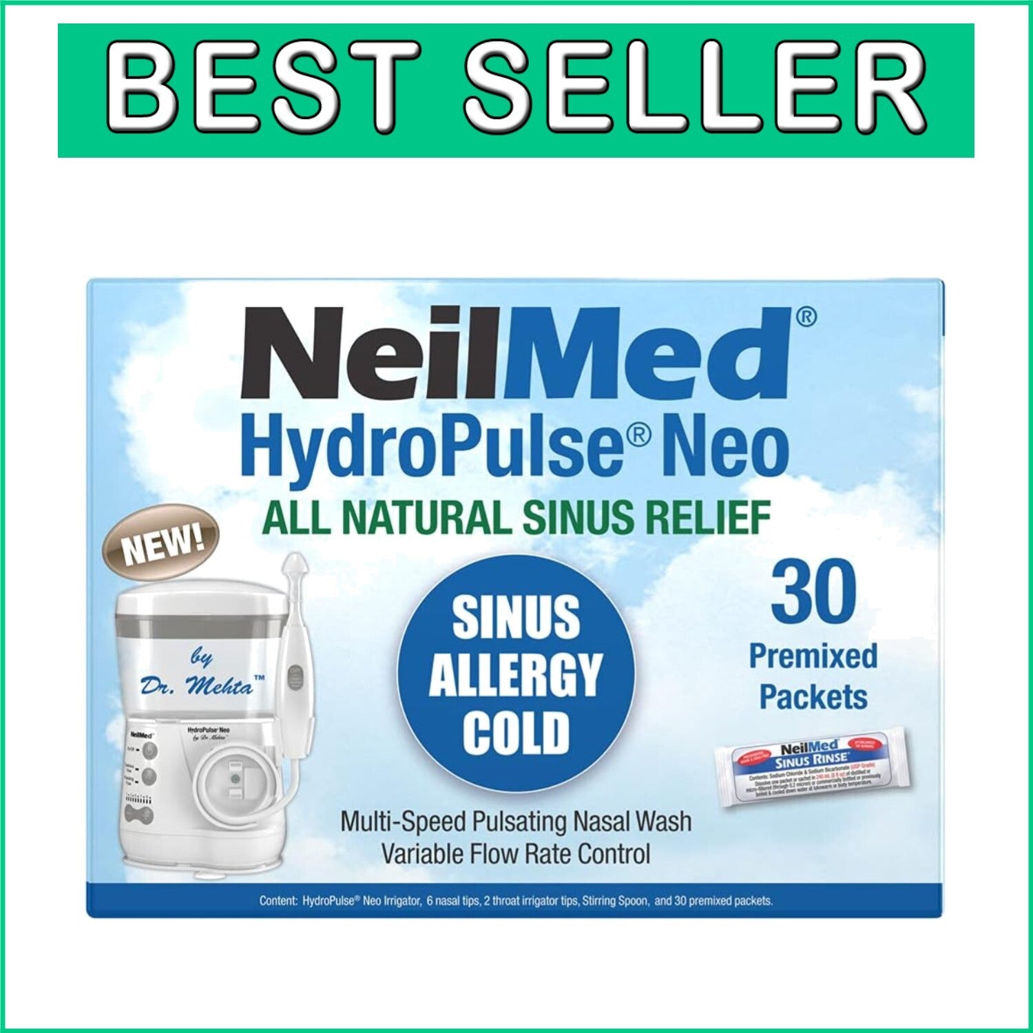 Electric Pulsating Nasal Irrigator with 30 Rinse Packets & Multiple Flow Options