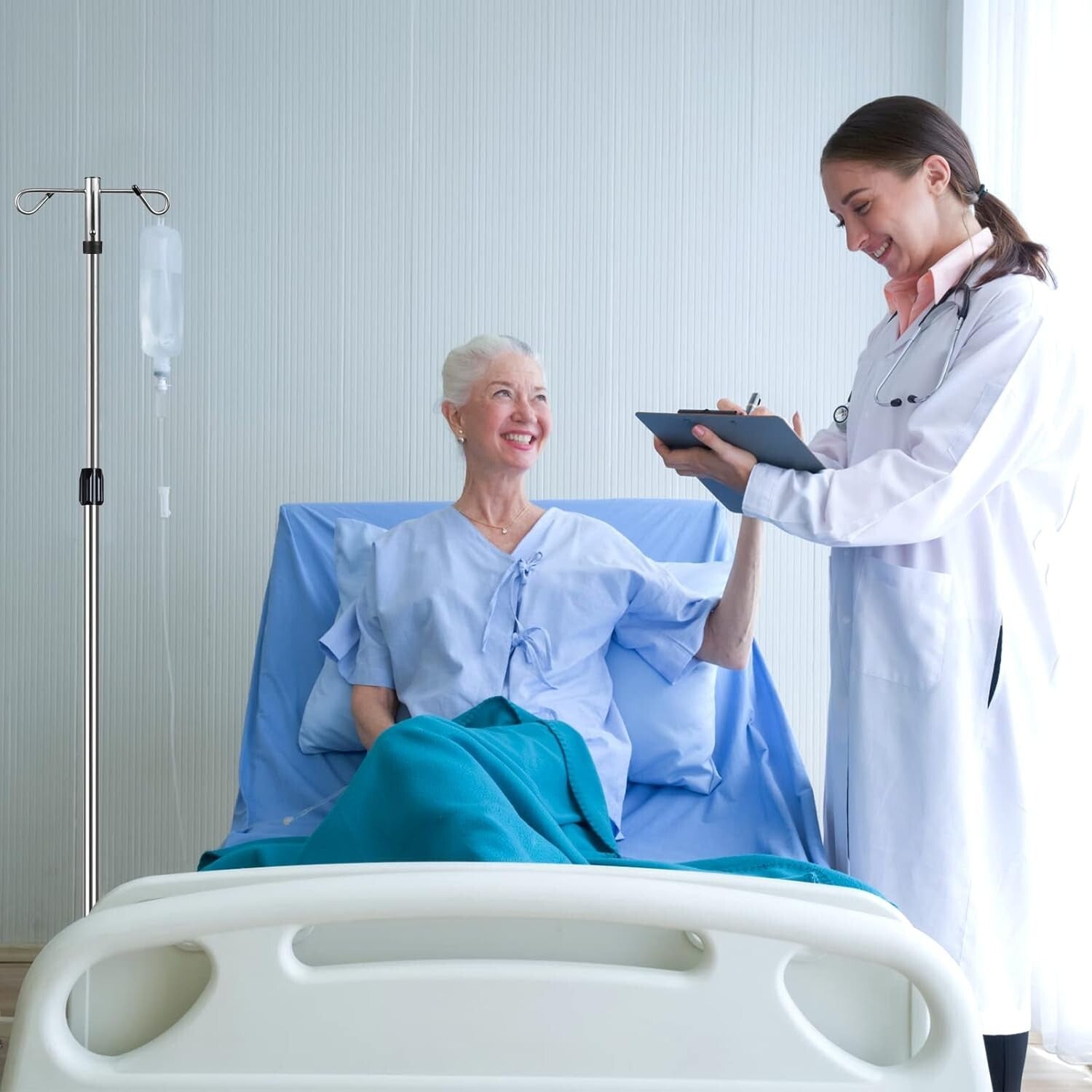 Portable Stainless Steel IV Pole - 2 Hooks, Adjustable Height & Wheels