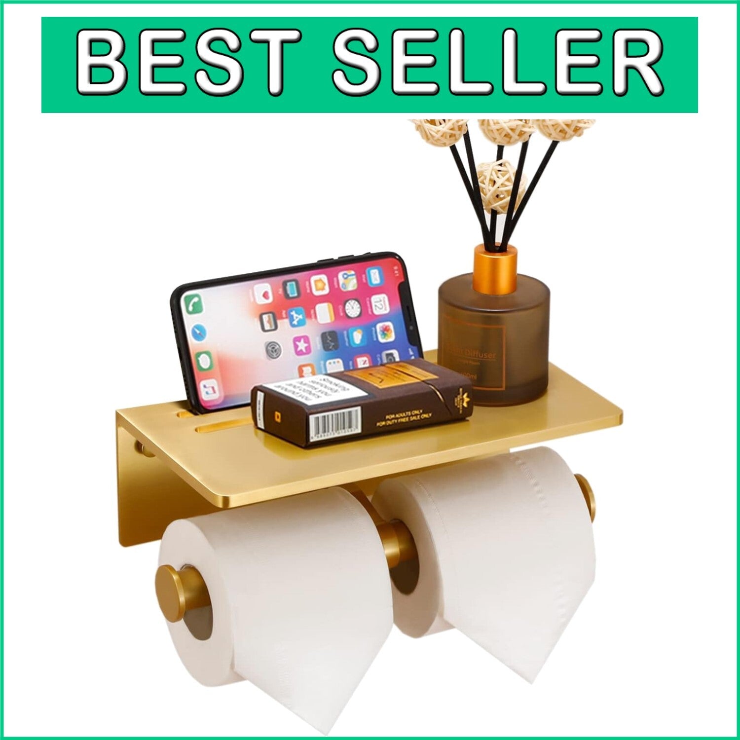 Dual Roll Toilet Paper Holder & Shelf in Brushed Gold - Easy Installation