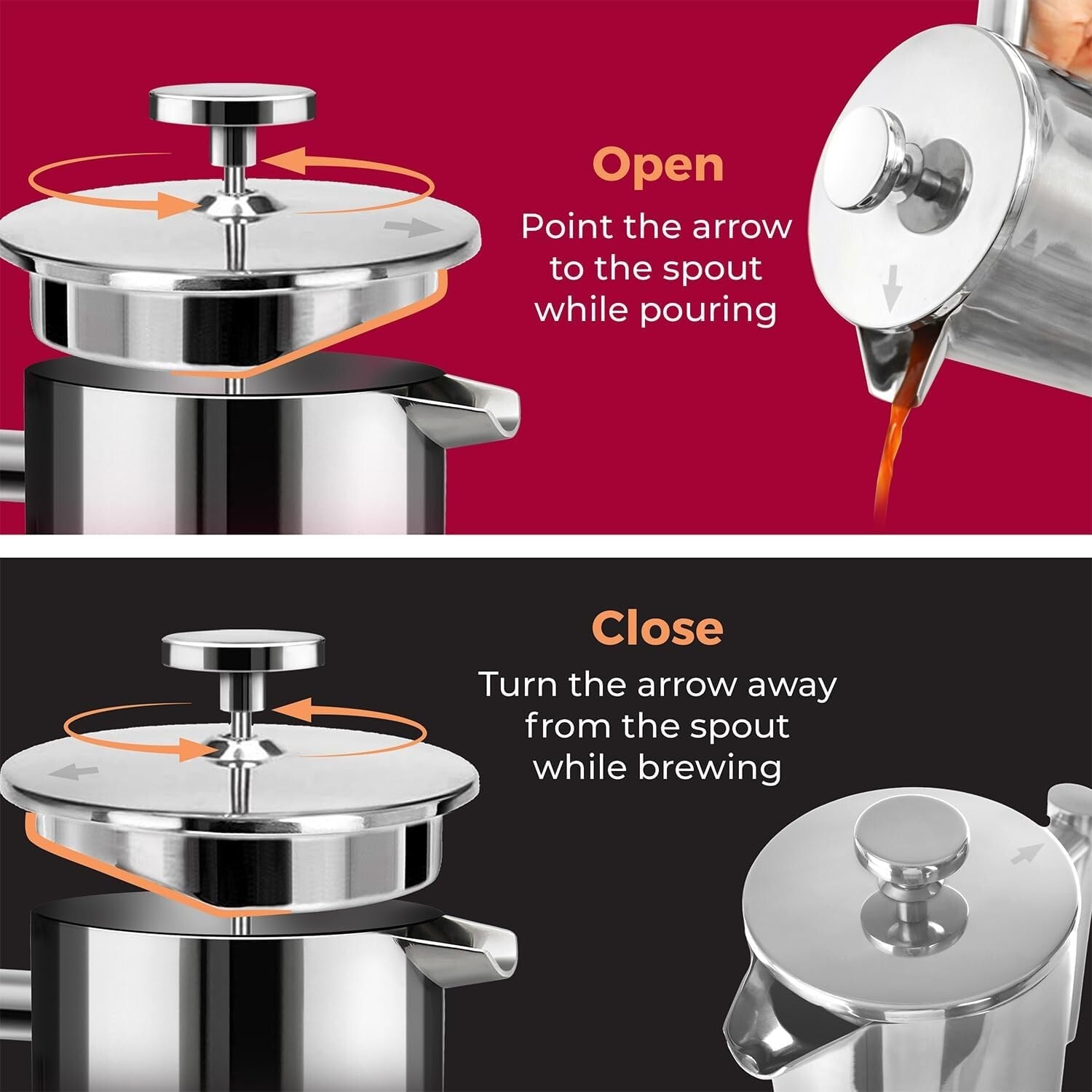34oz Stainless Steel French Press with 4-Level Filtration for Rich Coffee Flavor