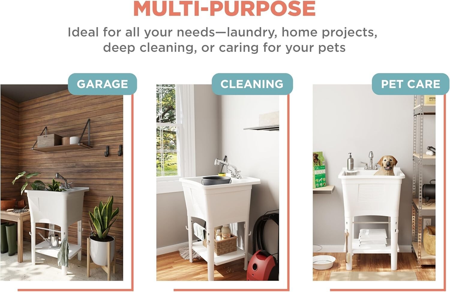 All-in-One Utility Sink with Shelf & Hooks for Convenient Laundry Setup - White