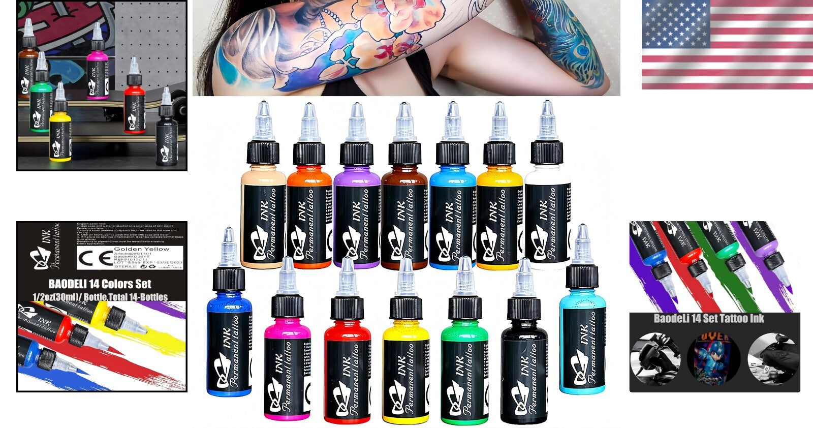 Professional Tattoo Ink Pigment Kit - 14 Colors, 1 fl oz Bottles for Skin Art