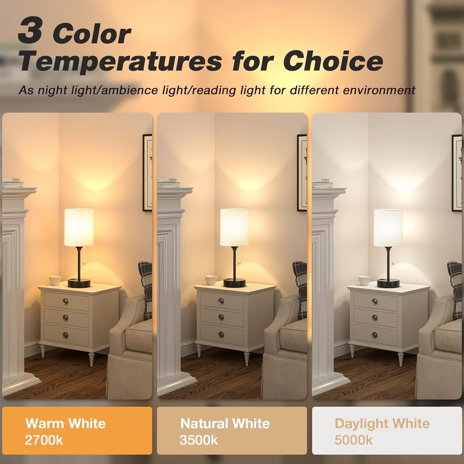 Elegant Black & White Bedside Table Lamps with USB & AC Outlet - 3 Color Modes