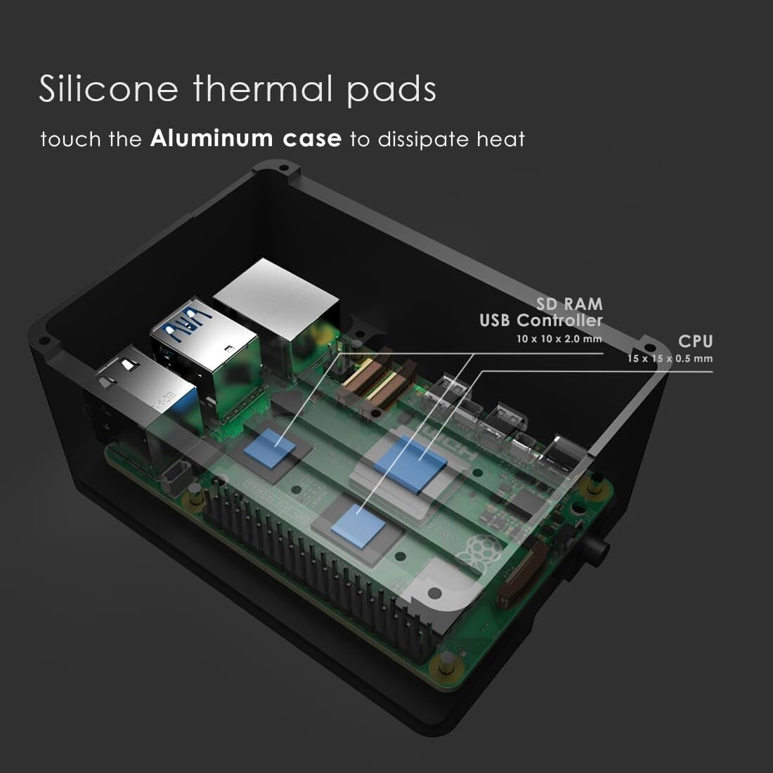 Compact Aluminum Raspberry Pi 5 Case - Silent Cooling with Silicone Thermal Pads