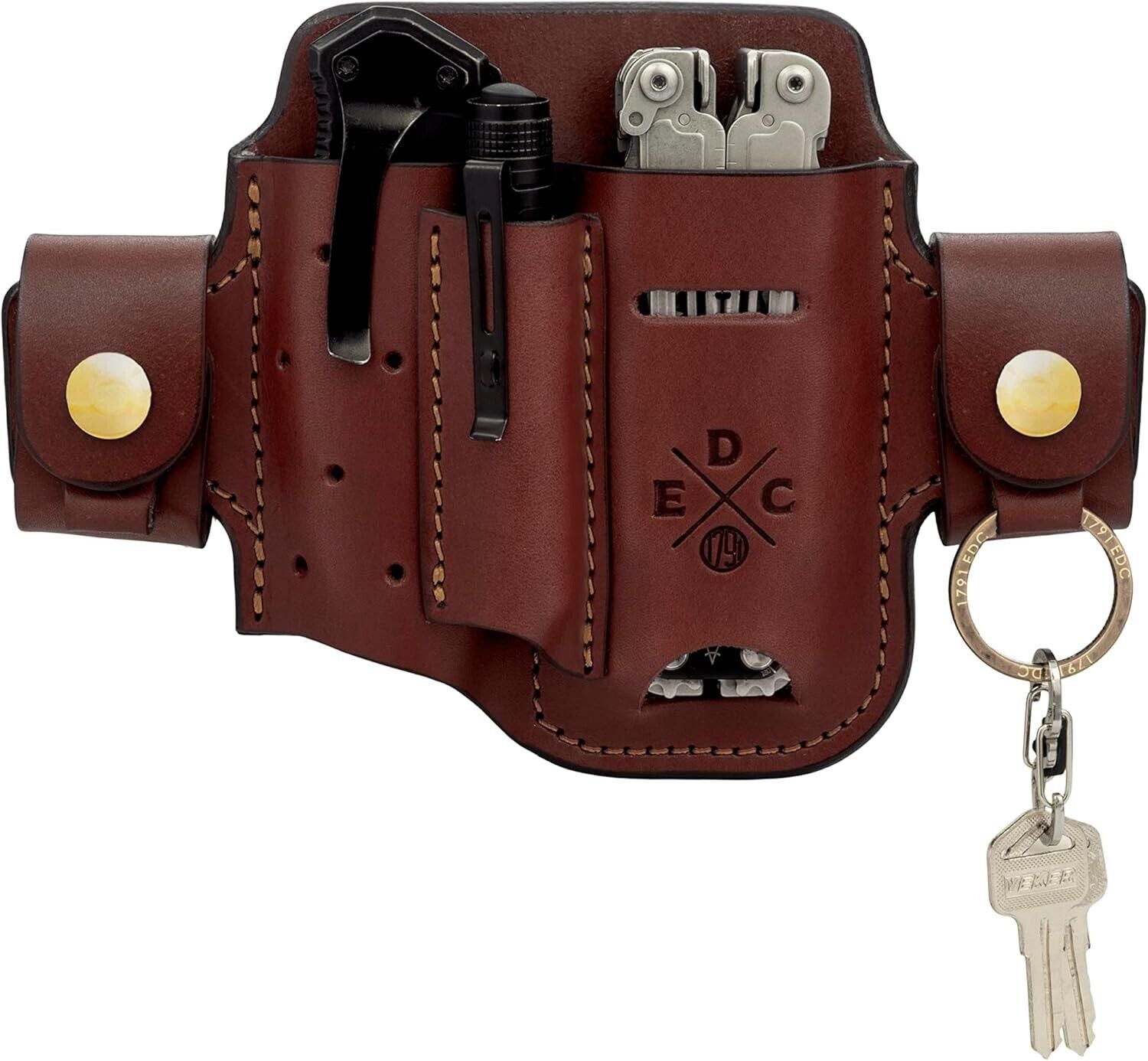 Chestnut Leather EDC Organizer - Two-Pocket Multitool Sheath for Easy Carry