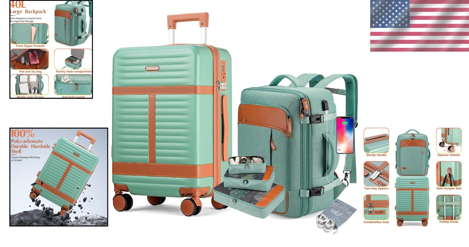 Durable 20 Inch Hardshell Carry On with Integrated 18 Inch Backpack & Organizer