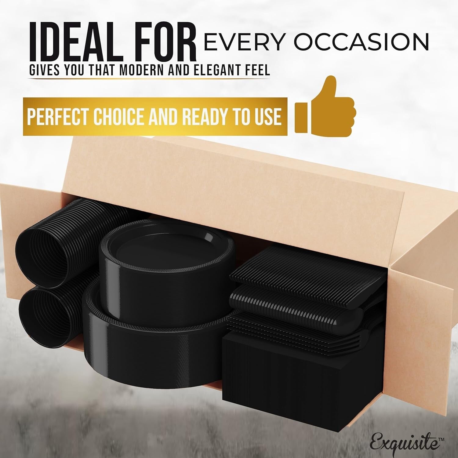 350 Pcs Black Plastic Party Plates & Utensils - Durable, BPA-Free, Easy Cleanup