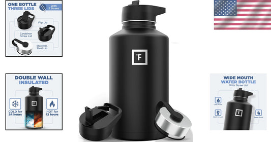 Double-Walled Sports Water Bottle with 3 Leak-Proof Lids - 64 oz Stainless Steel