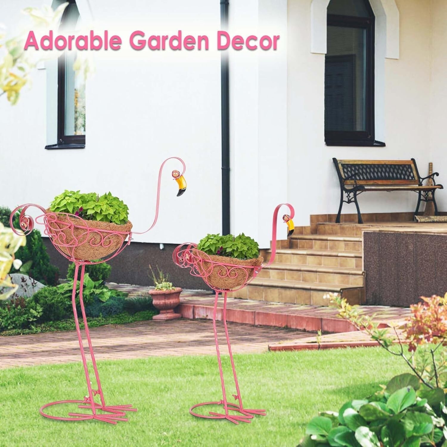 Adorable Pink Flamingo Planters - Set of 2 with Easy Assembly & Coconut Baskets