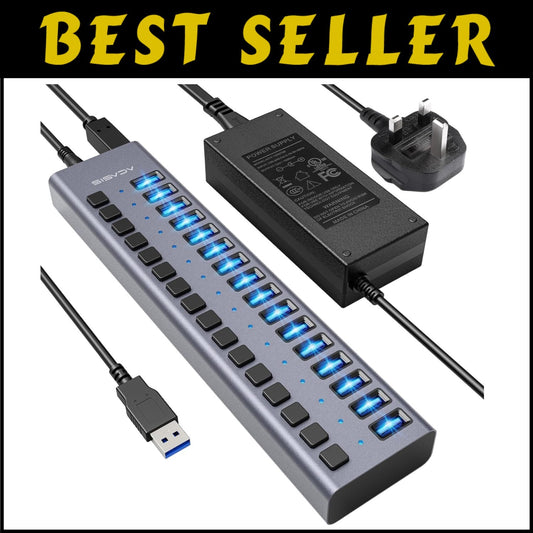 High-Speed 16-Port USB 3.0 Splitter - Durable Design with On/Off Switches