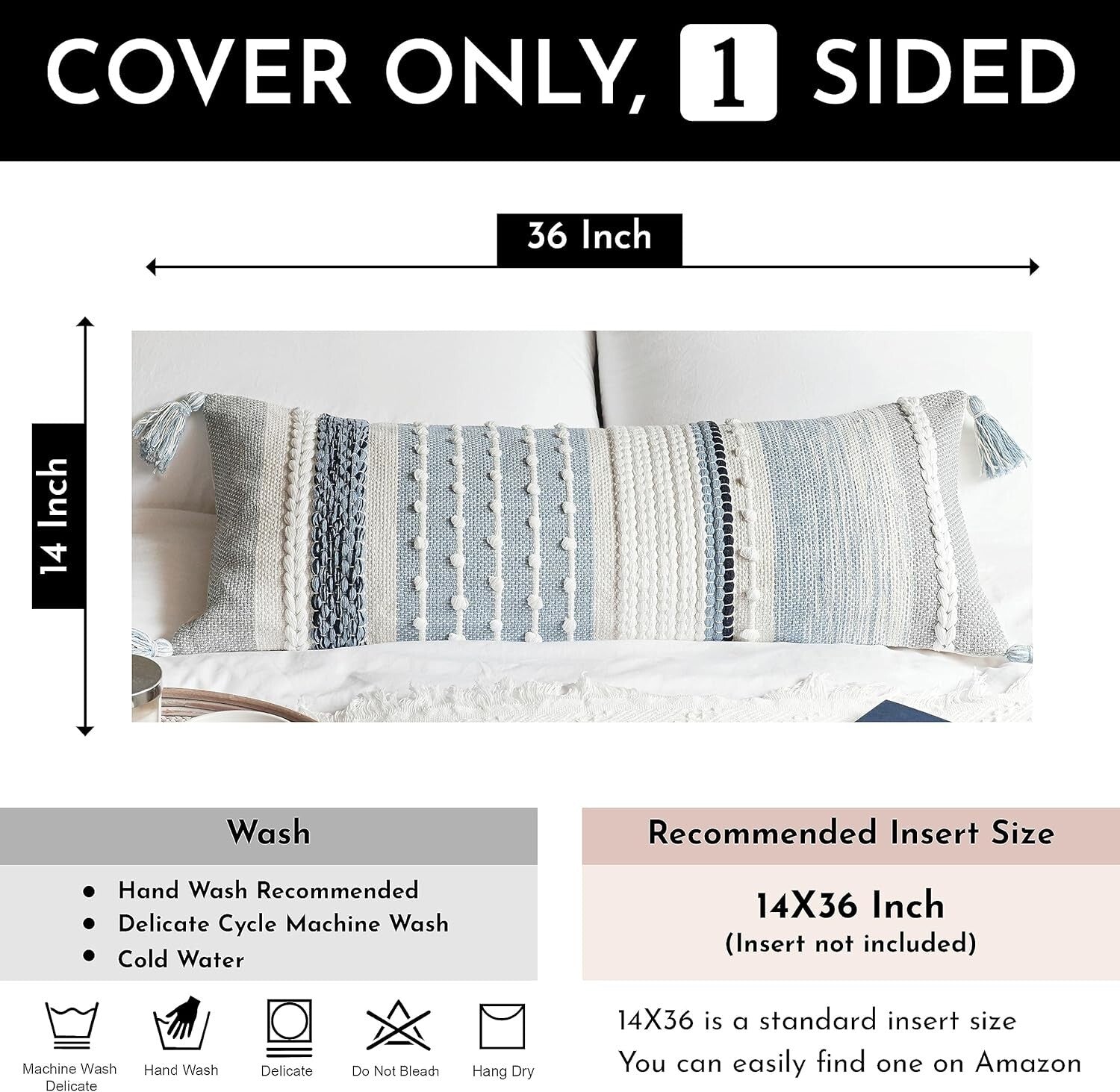 Artisan-Made 14x36 Coastal Blue Decorative Lumbar Pillow Cover for Modern Spaces
